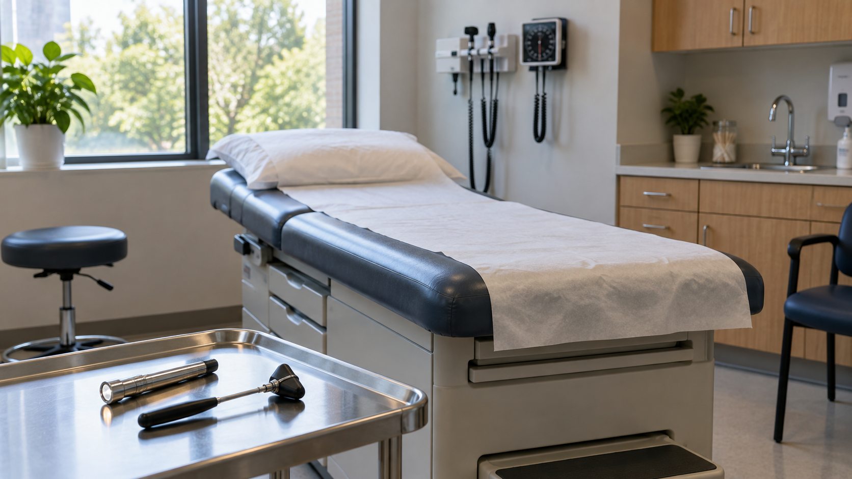 A quiet consultation room with an examination couch and neurological examination tools on a tray.