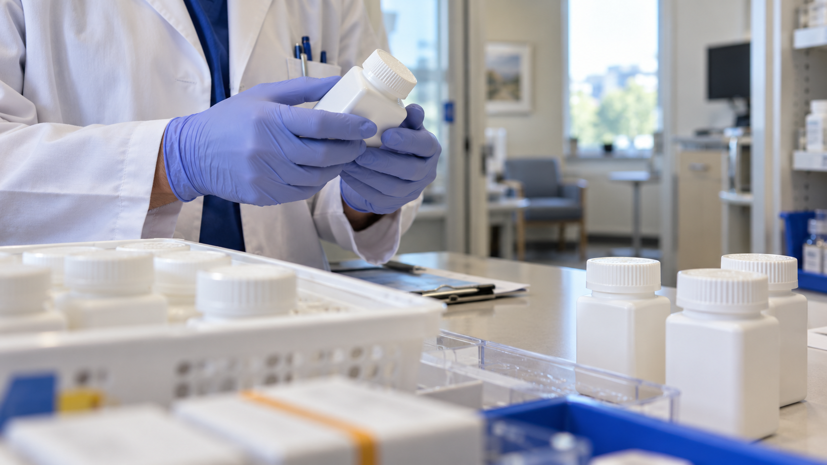 AI reconstruction of a pharmacist checking a prescription bottle in an oncology pharmacy.