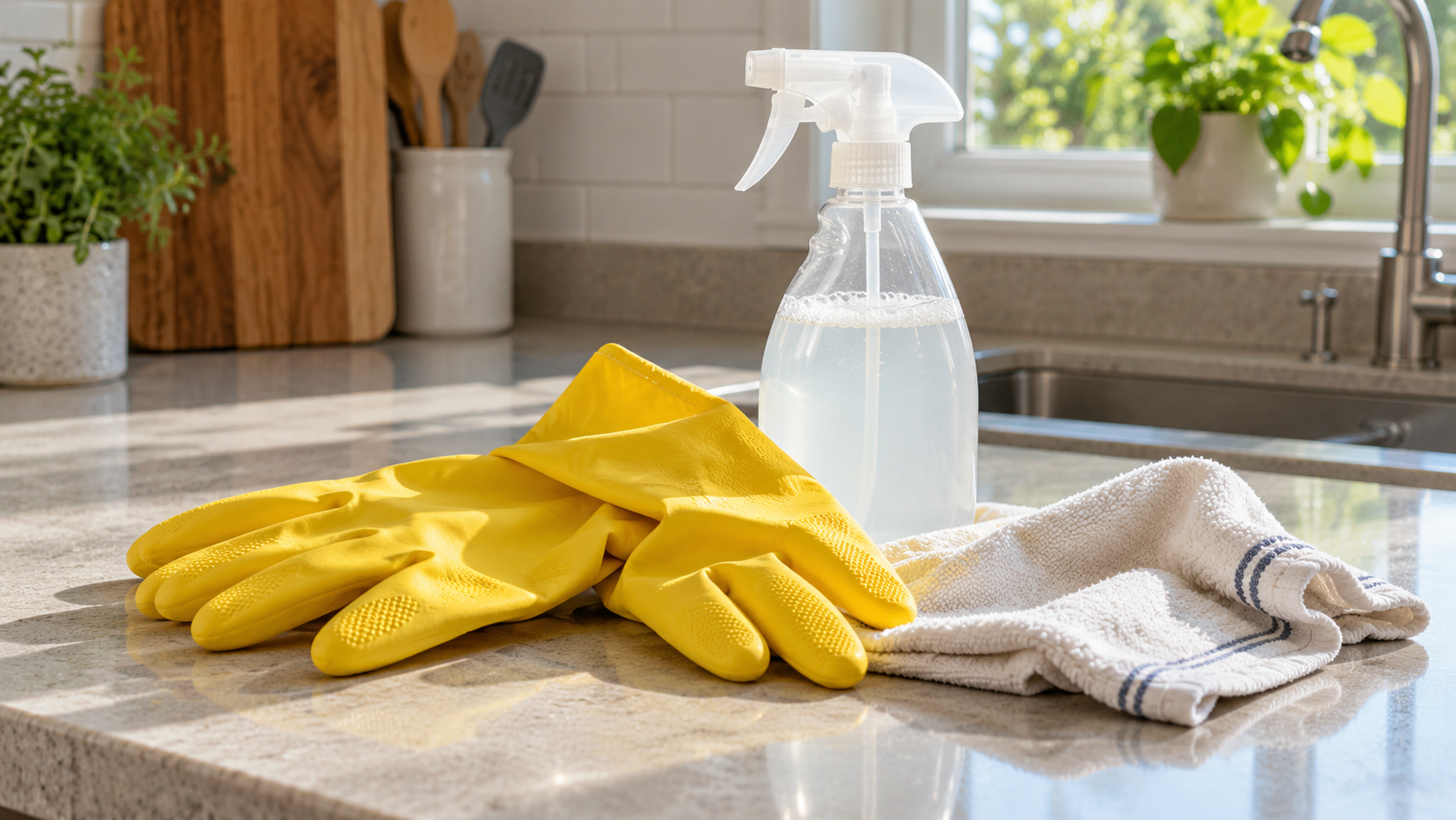 Cleaning gloves, an unbranded spray bottle, and a cotton cloth rest on a kitchen counter.