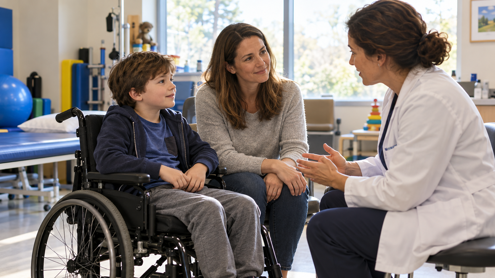AI reconstruction of a child and parent consulting a clinician in a neuromuscular clinic.