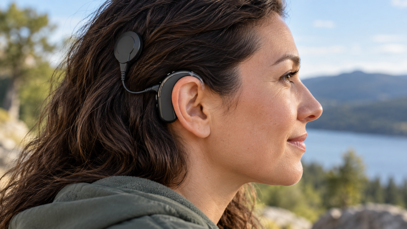 An adult in side profile wears a behind-the-ear cochlear implant processor with an external coil.