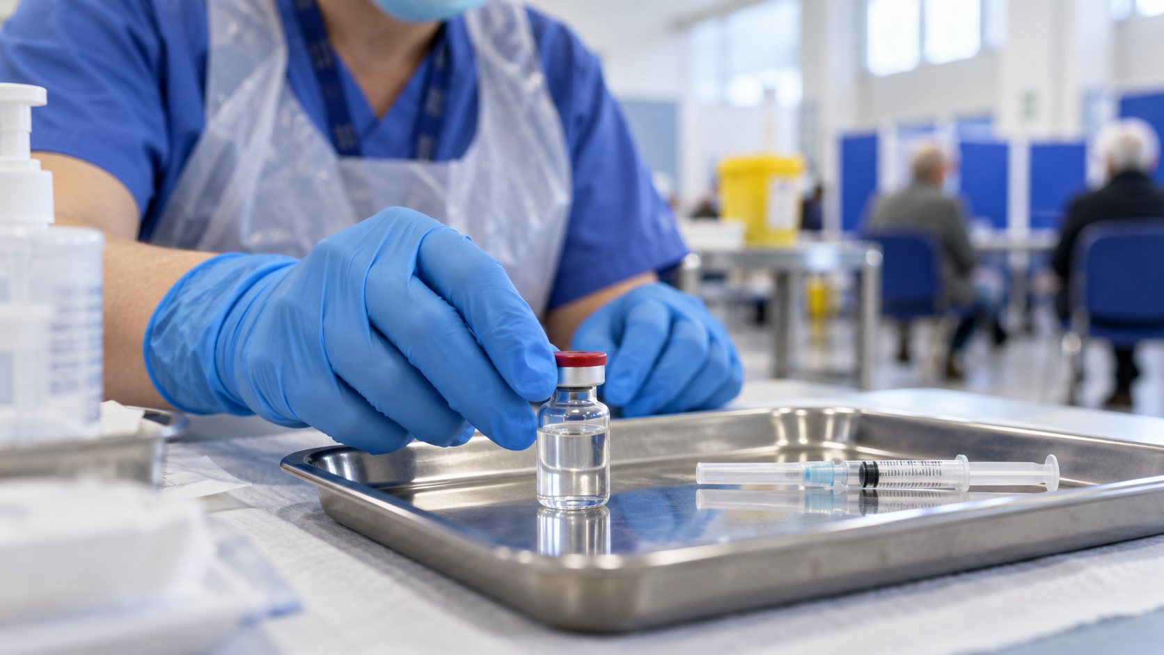 AI reconstruction of a healthcare worker preparing a vaccine vial at a 2021 vaccination station.
