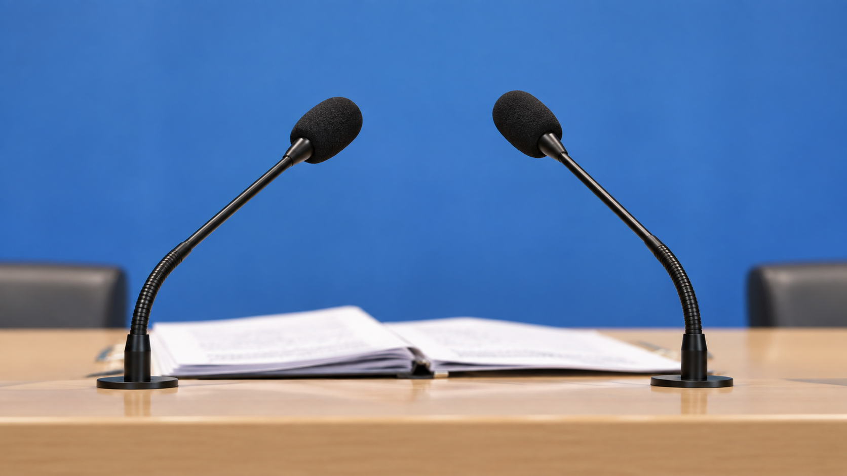 AI reconstruction of conference microphones representing the Geneva announcement of the COVID-19 disease name.
