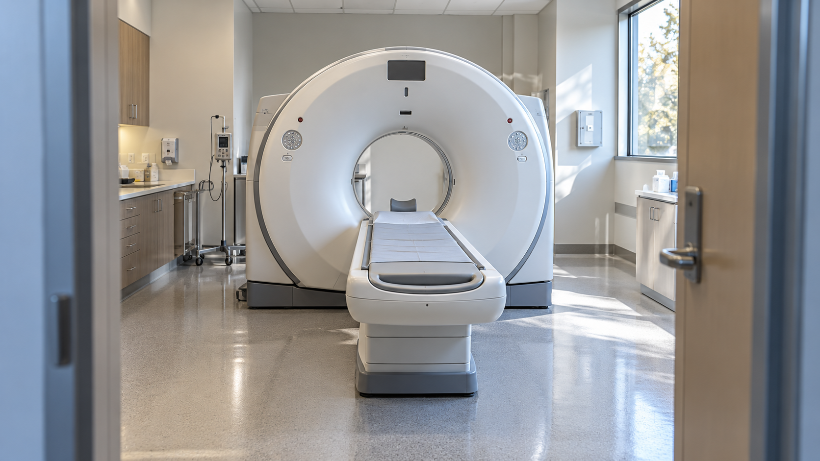 A CT scanner with a circular gantry and aligned patient table stands in an empty imaging room.