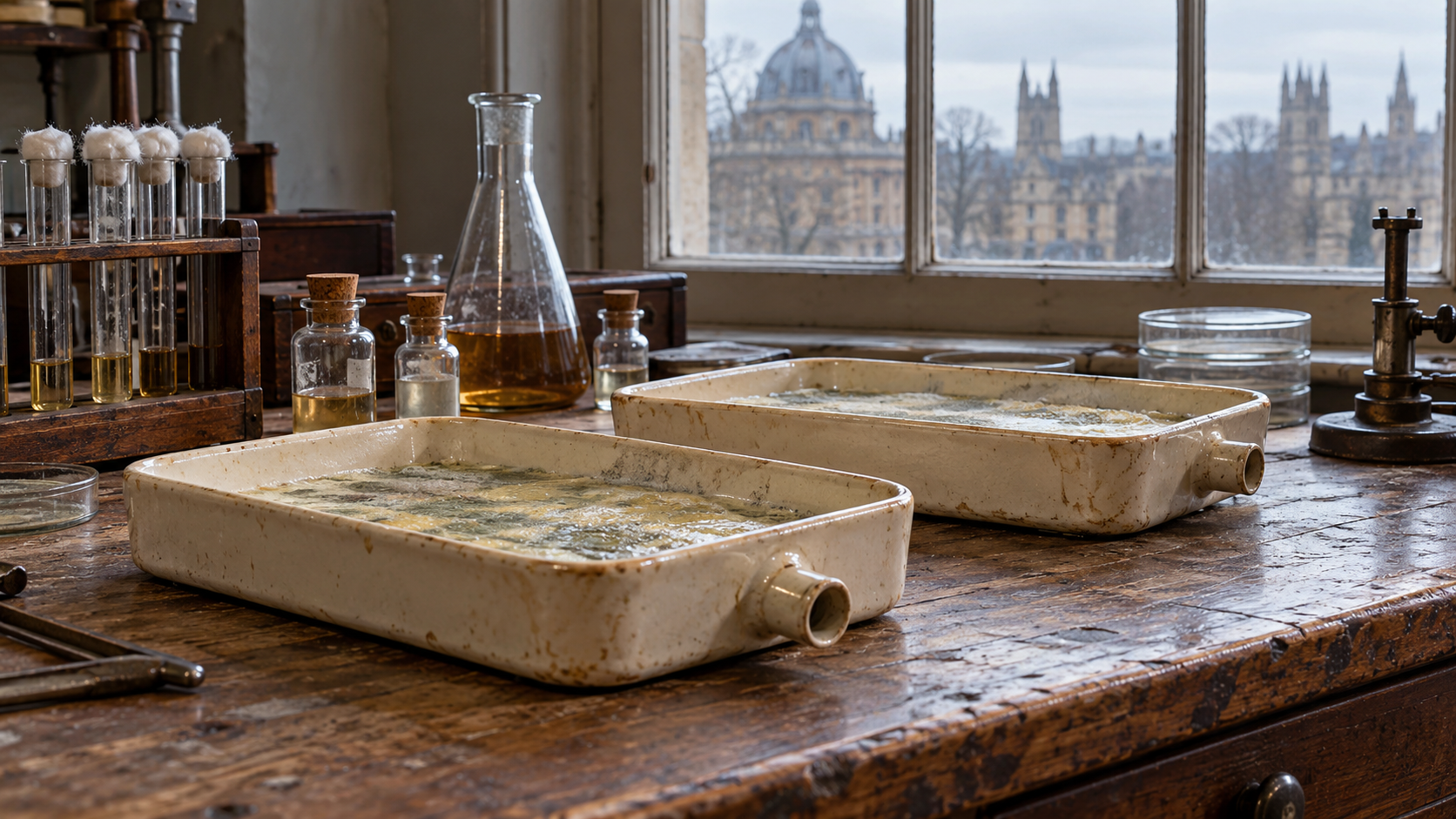 AI reconstruction of penicillin culture vessels and glassware in a wartime Oxford laboratory.