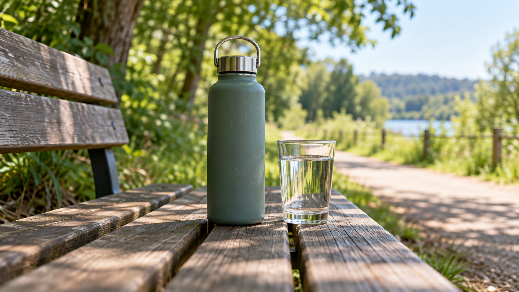 A reusable water bottle and a glass of water sit on a shaded bench beside a walking path.