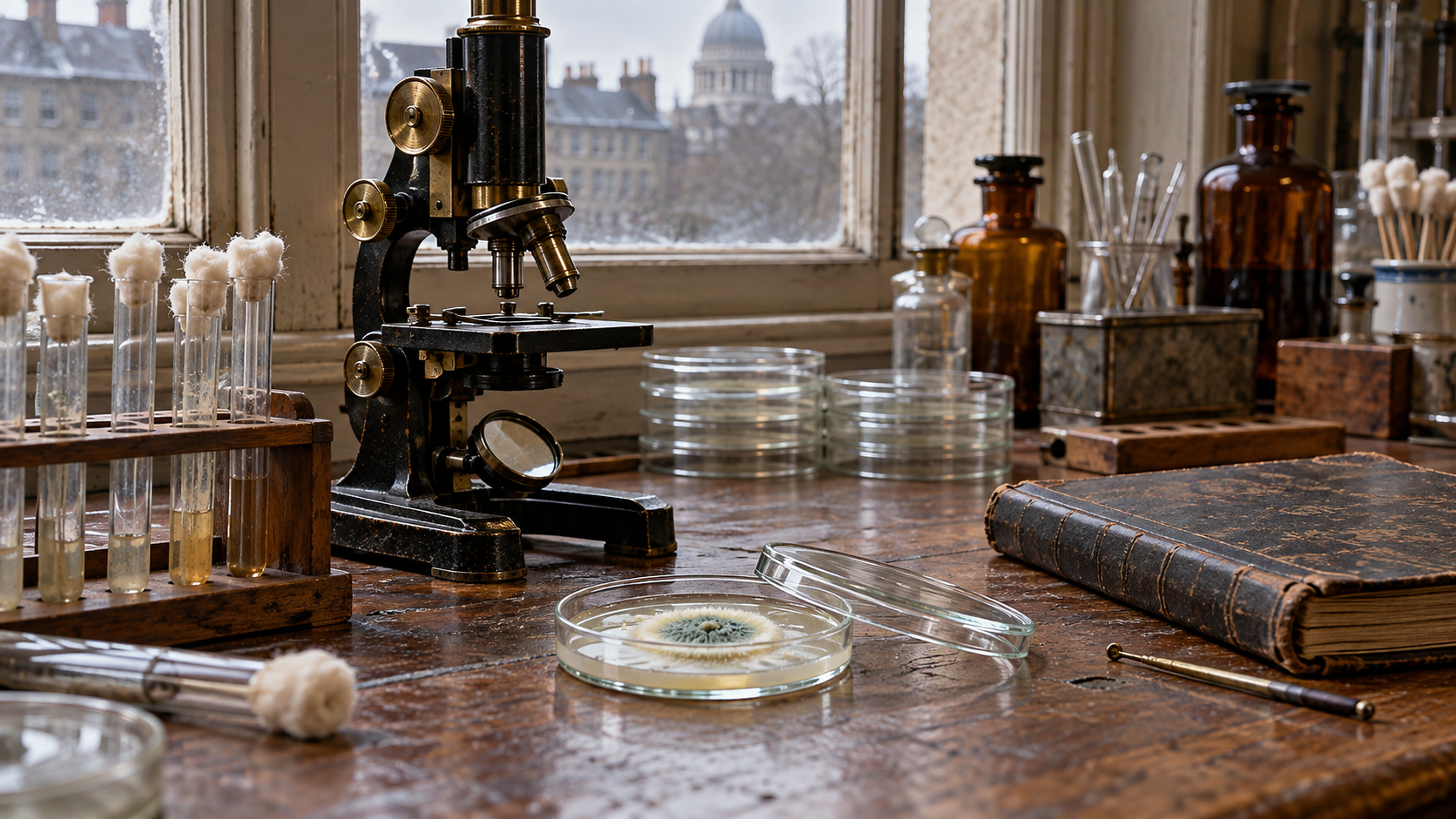 AI reconstruction of a microscope and mold culture plate in a late-1920s laboratory.