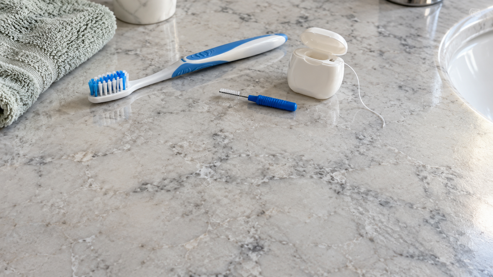 A toothbrush, floss spool, and small interdental brush rest beside a bathroom basin.