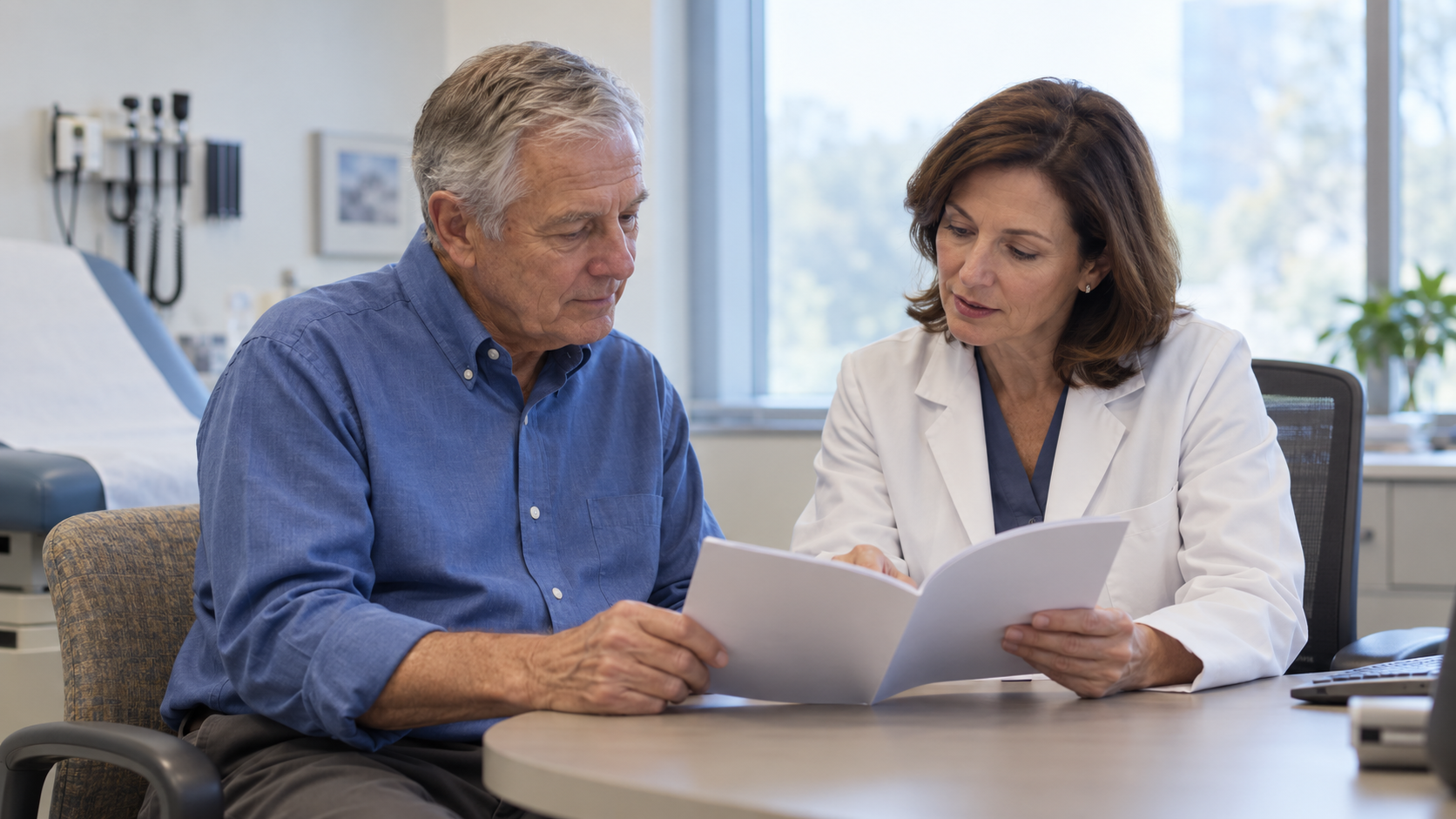 AI reconstruction of an oncologist reviewing treatment information with an older man in a clinic.