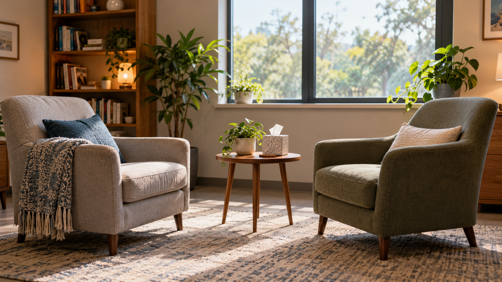 Two comfortable chairs and a small table stand in an inviting, unoccupied counseling room.