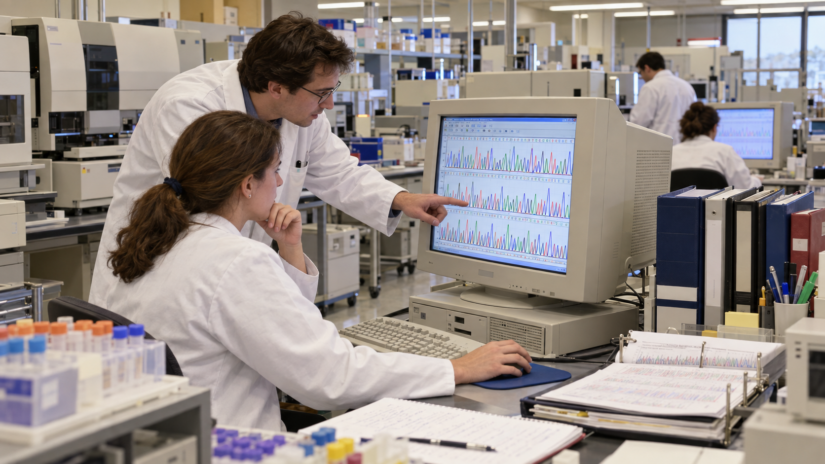 AI reconstruction of researchers reviewing sequencing traces on a beige CRT monitor in a circa-2001 genomics laboratory.