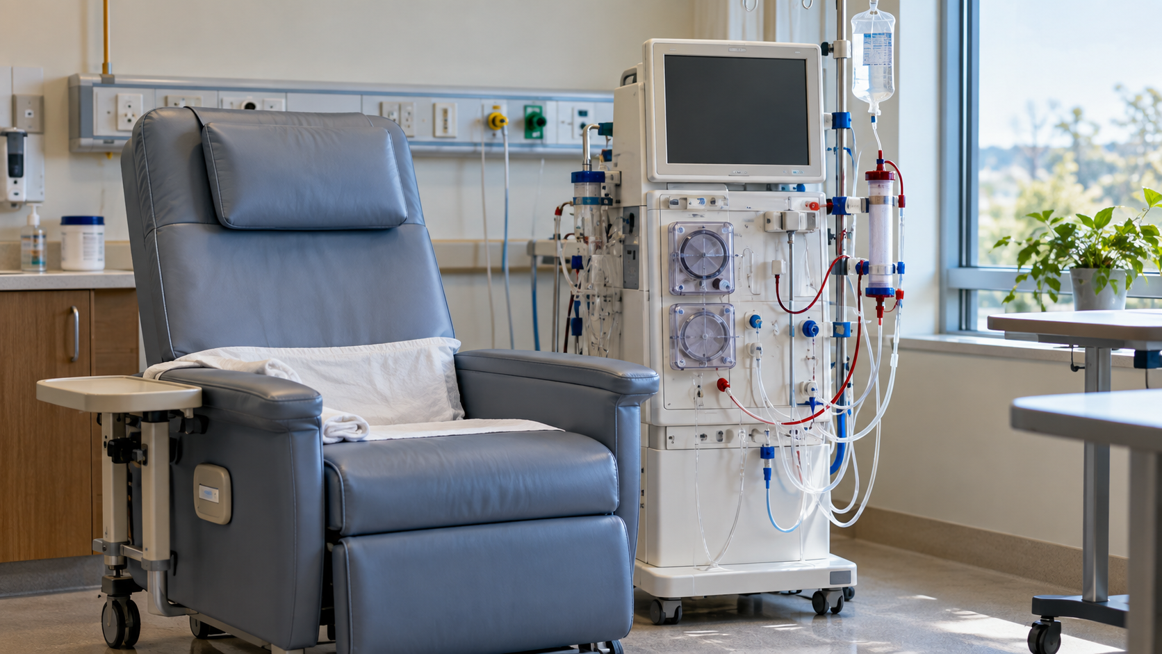 An empty dialysis station contains a reclining chair beside a dialysis machine.
