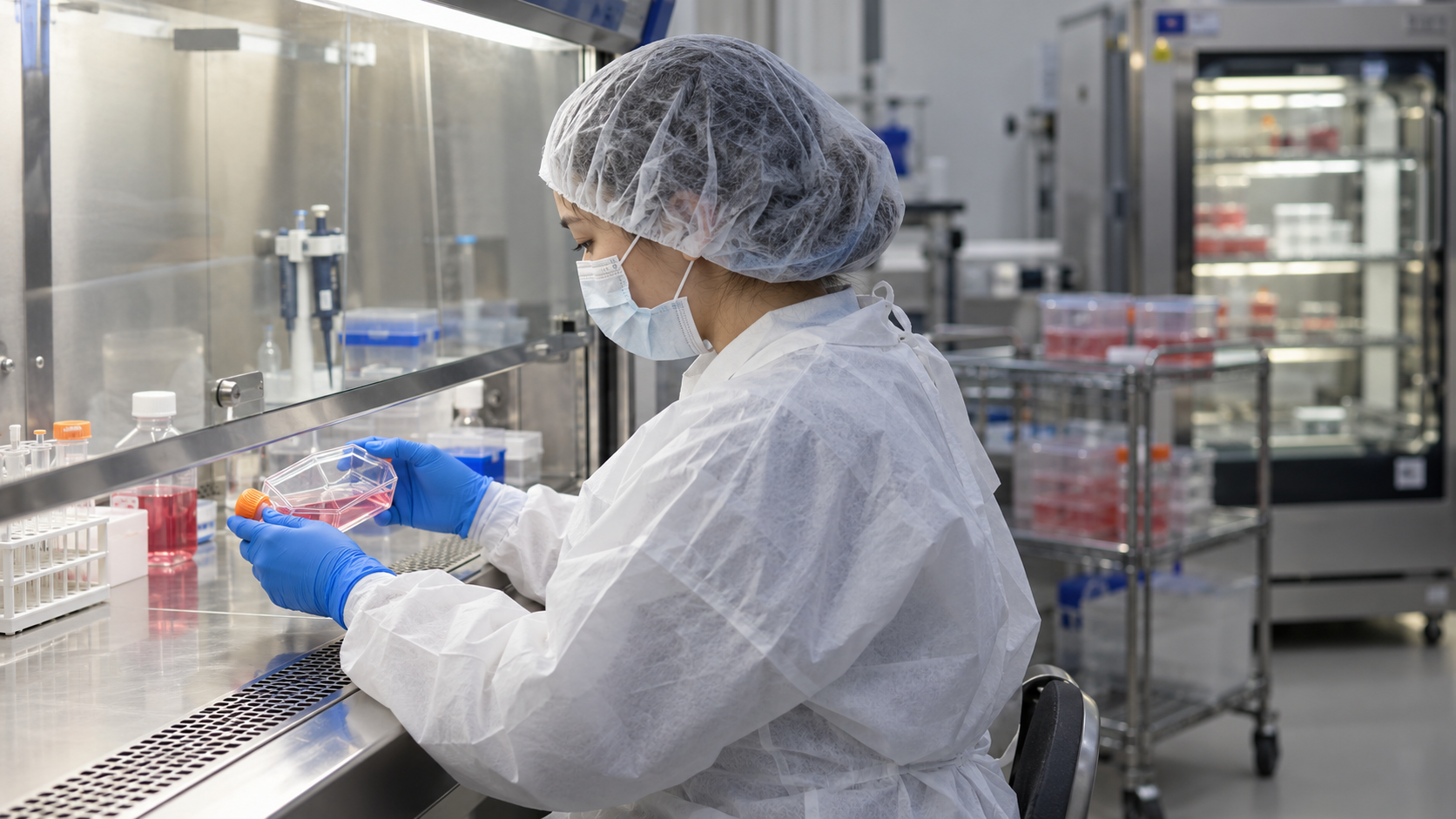 AI reconstruction of a cell-processing technician working at a laboratory cabinet with culture vessels.
