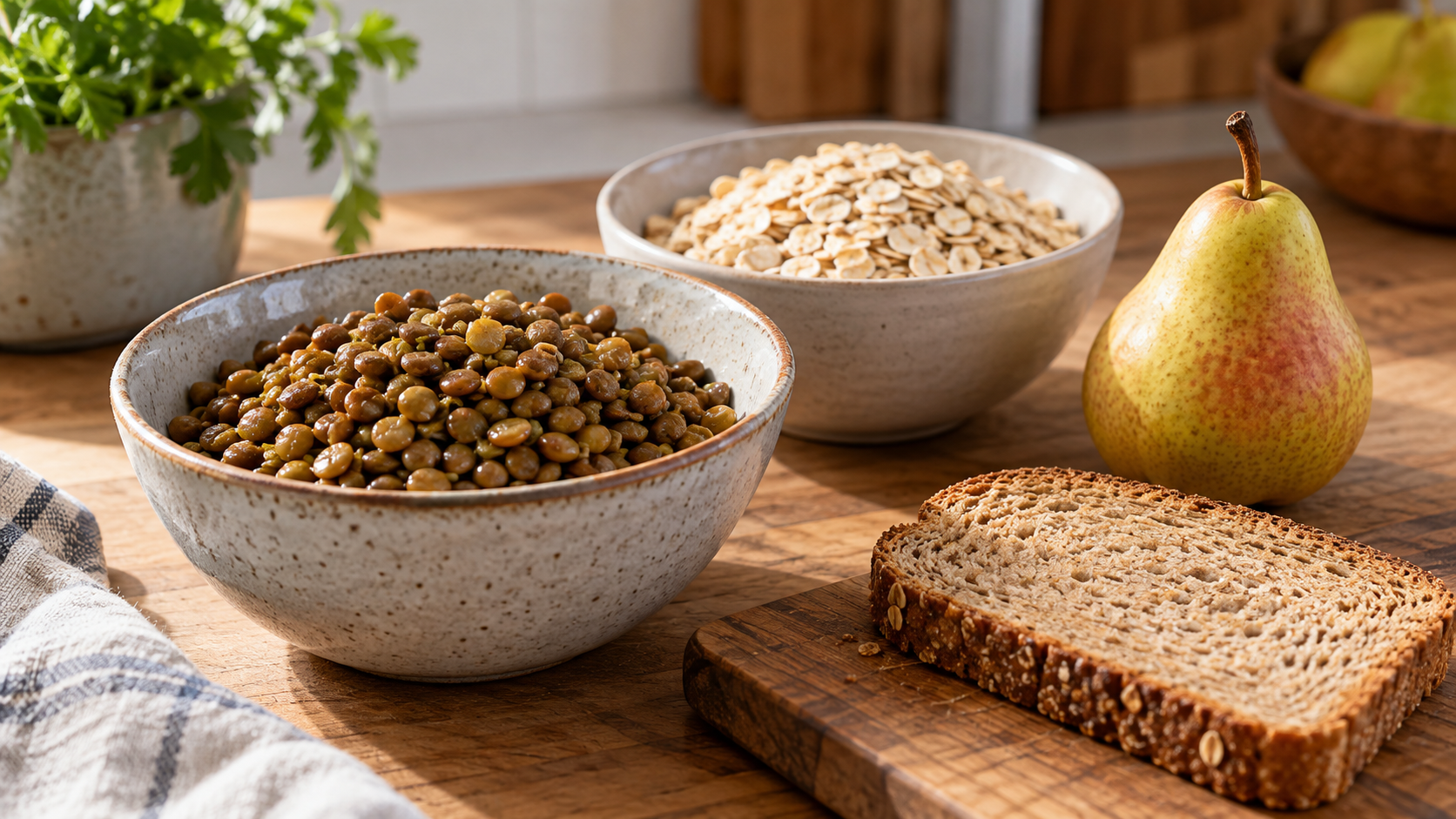 Lentils, oats, a pear, and whole-grain bread are arranged on a wooden kitchen counter.