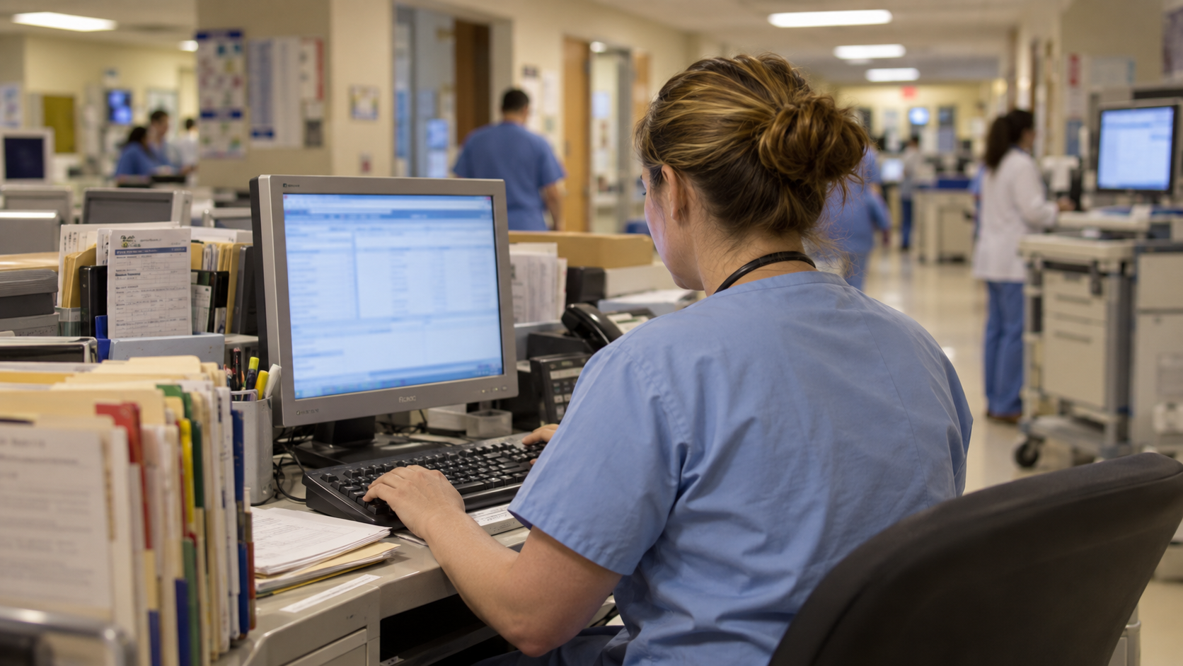 AI reconstruction of a clinician using an electronic record workstation beside paper chart folders in a circa-2009 hospital.