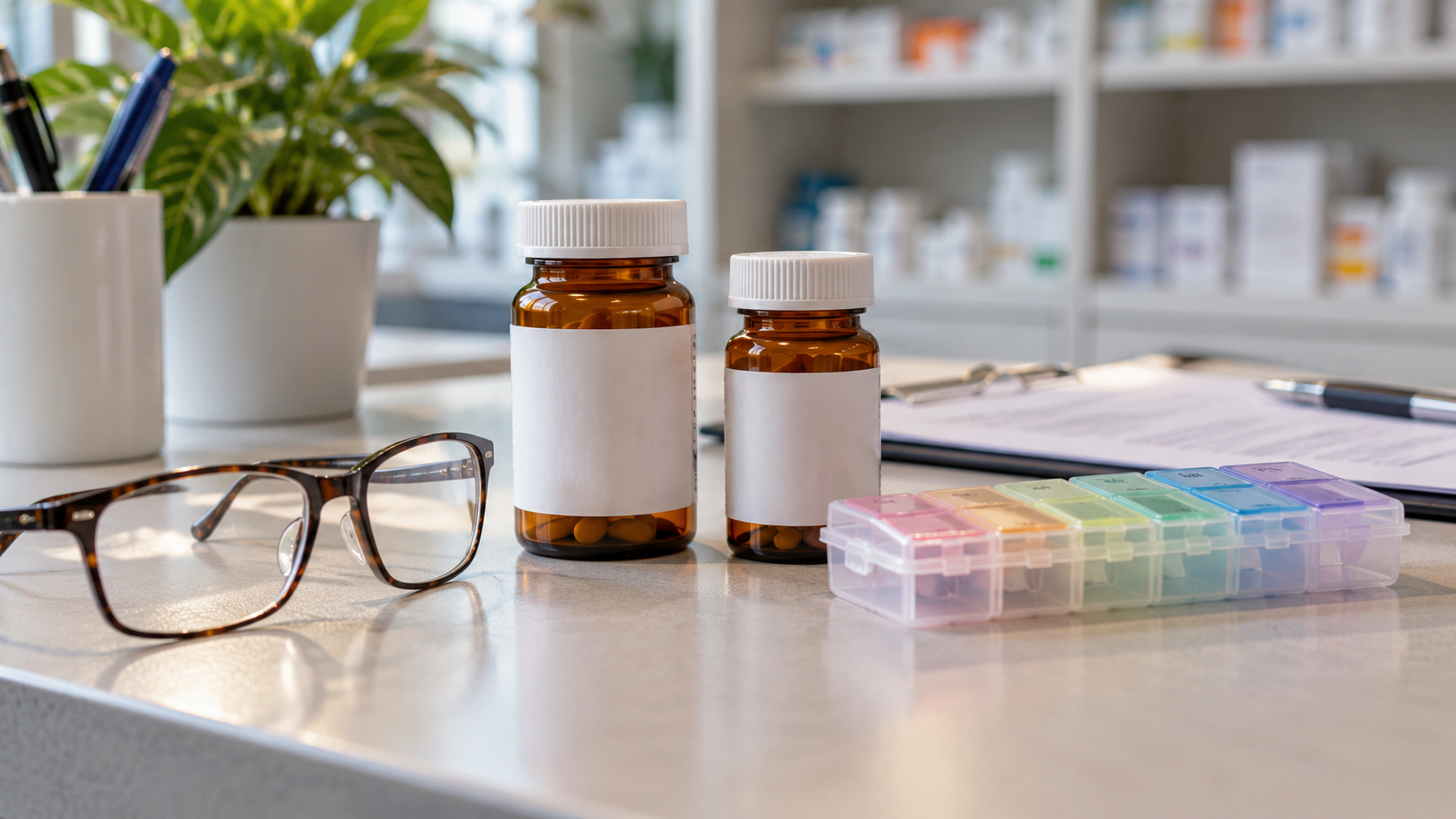 Two plain medication bottles, a closed pill organizer, and reading glasses sit on a consultation desk.