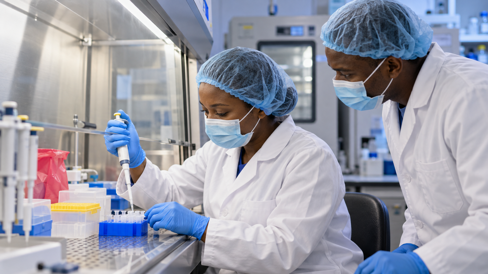AI reconstruction of two African laboratory scientists working with a pipette and sample rack at a biosafety cabinet.