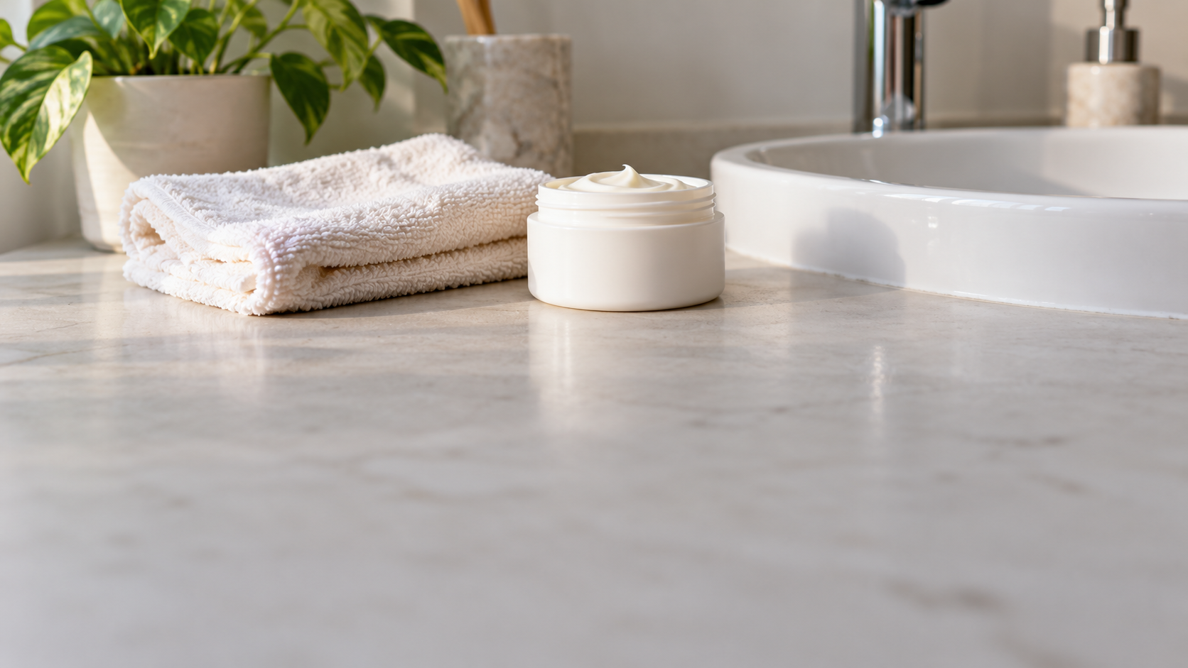 An unbranded moisturizer jar and a folded cotton cloth rest beside a bathroom basin.