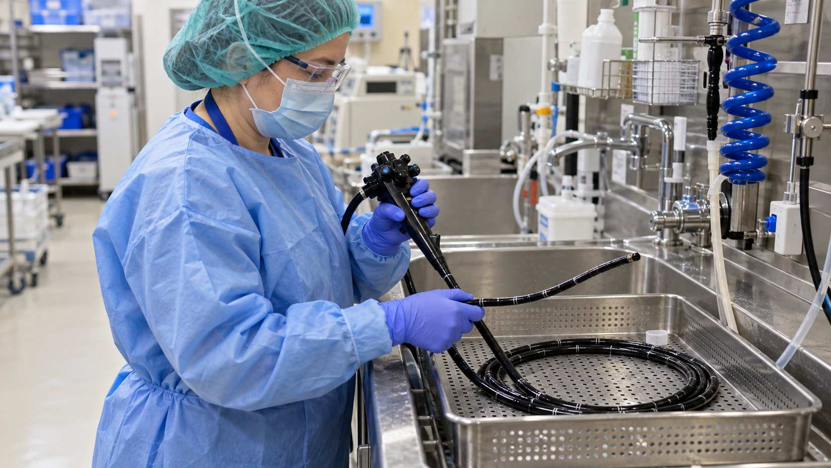 AI reconstruction of a protected hospital technician inspecting a flexible endoscope at a stainless steel reprocessing station.