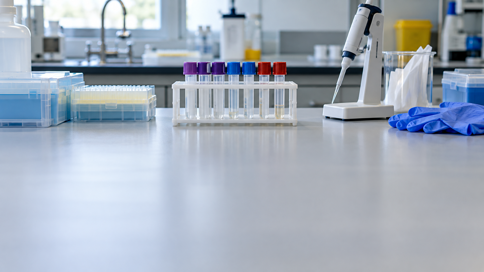 Sample tubes and a pipette are arranged on a clean clinical laboratory bench.