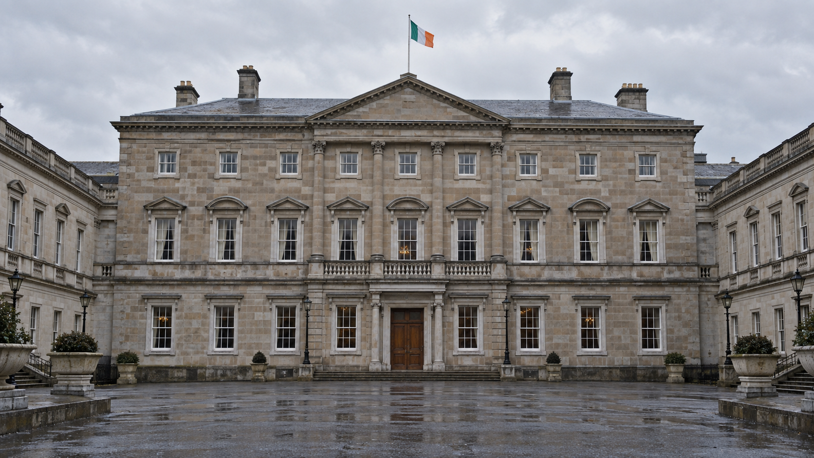 AI historical reconstruction of the stone facade and forecourt of Leinster House in Dublin under an overcast sky.
