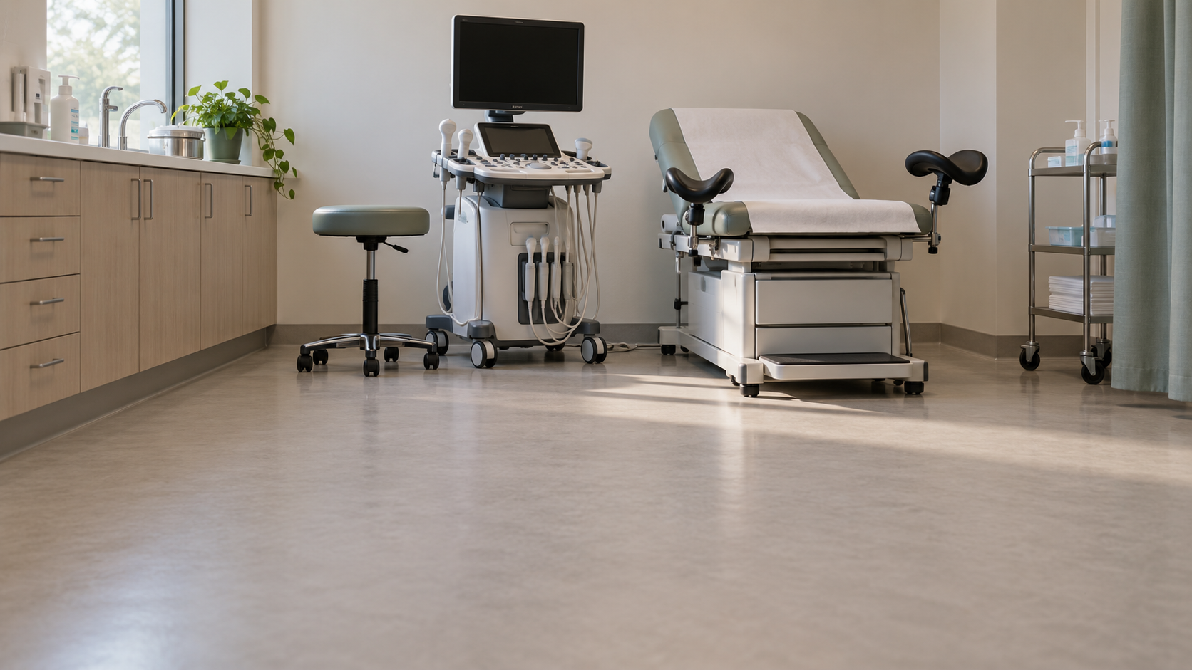 An empty gynecology consultation room contains an ultrasound machine and examination couch.