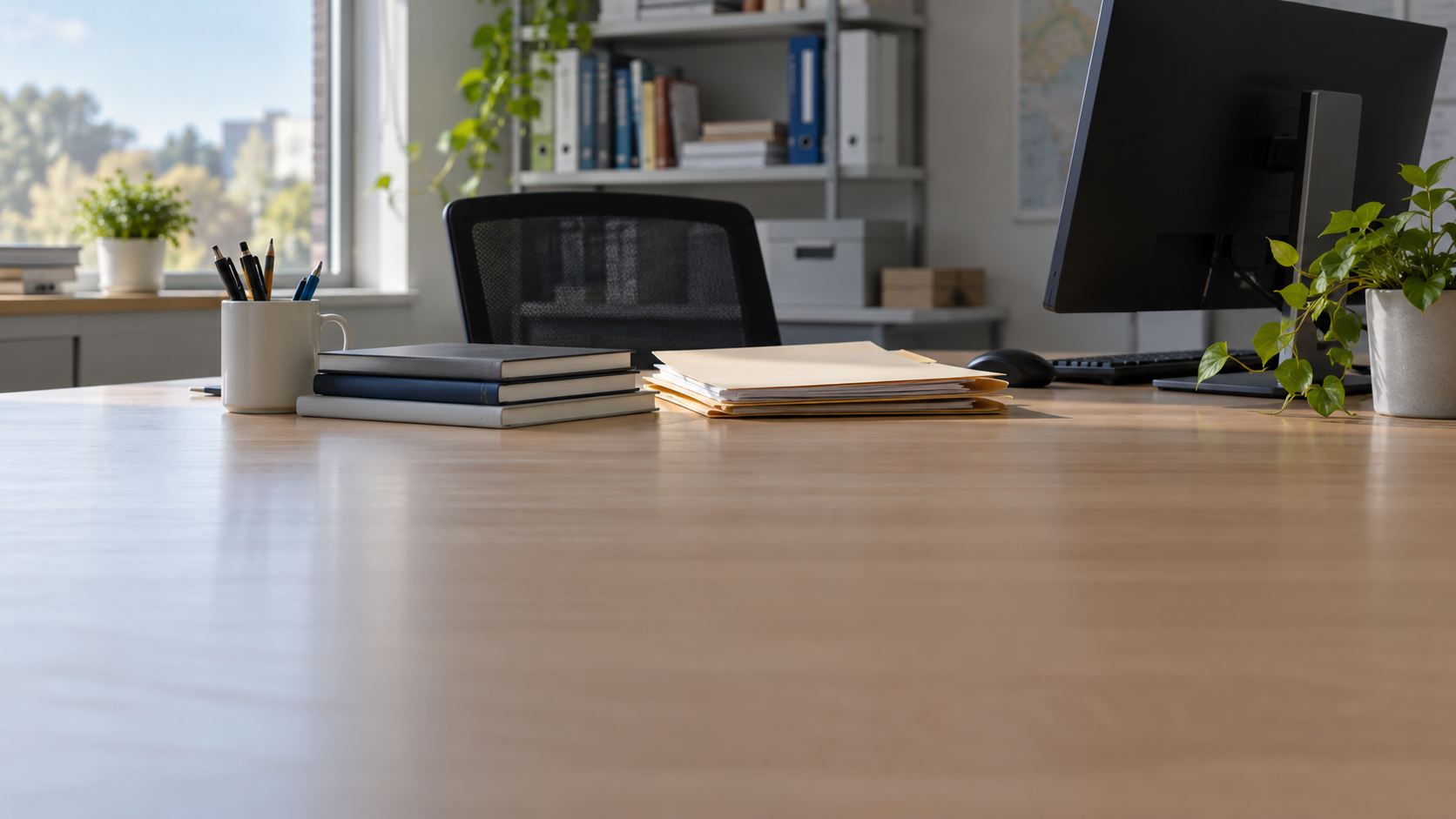 Plain notebooks and folders sit beside a computer monitor in a research office.