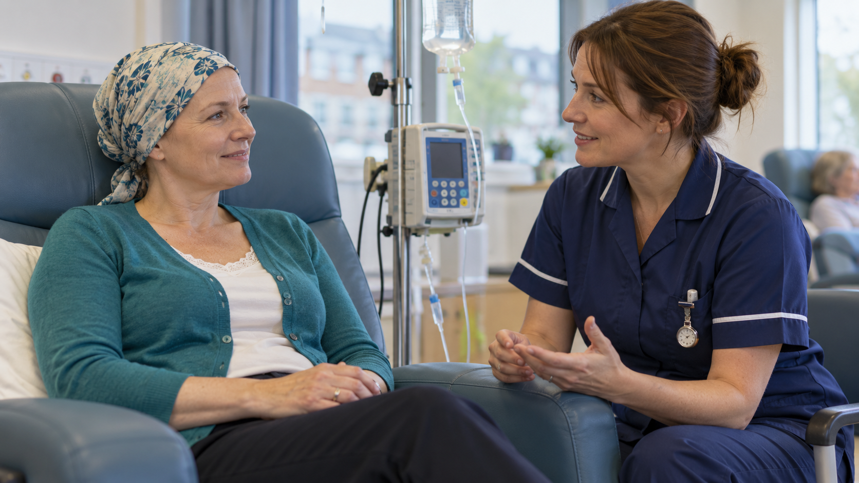 AI reconstruction of a nurse discussing care with a woman seated beside an infusion stand in an oncology clinic.