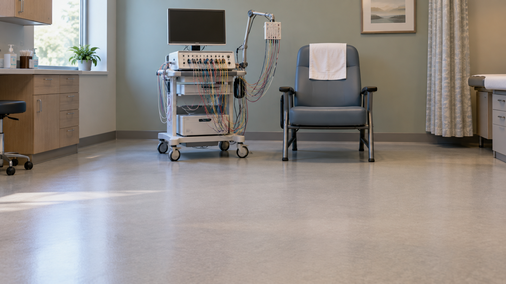 An EEG recording unit and neatly arranged electrode leads stand beside a chair in a neurology room.