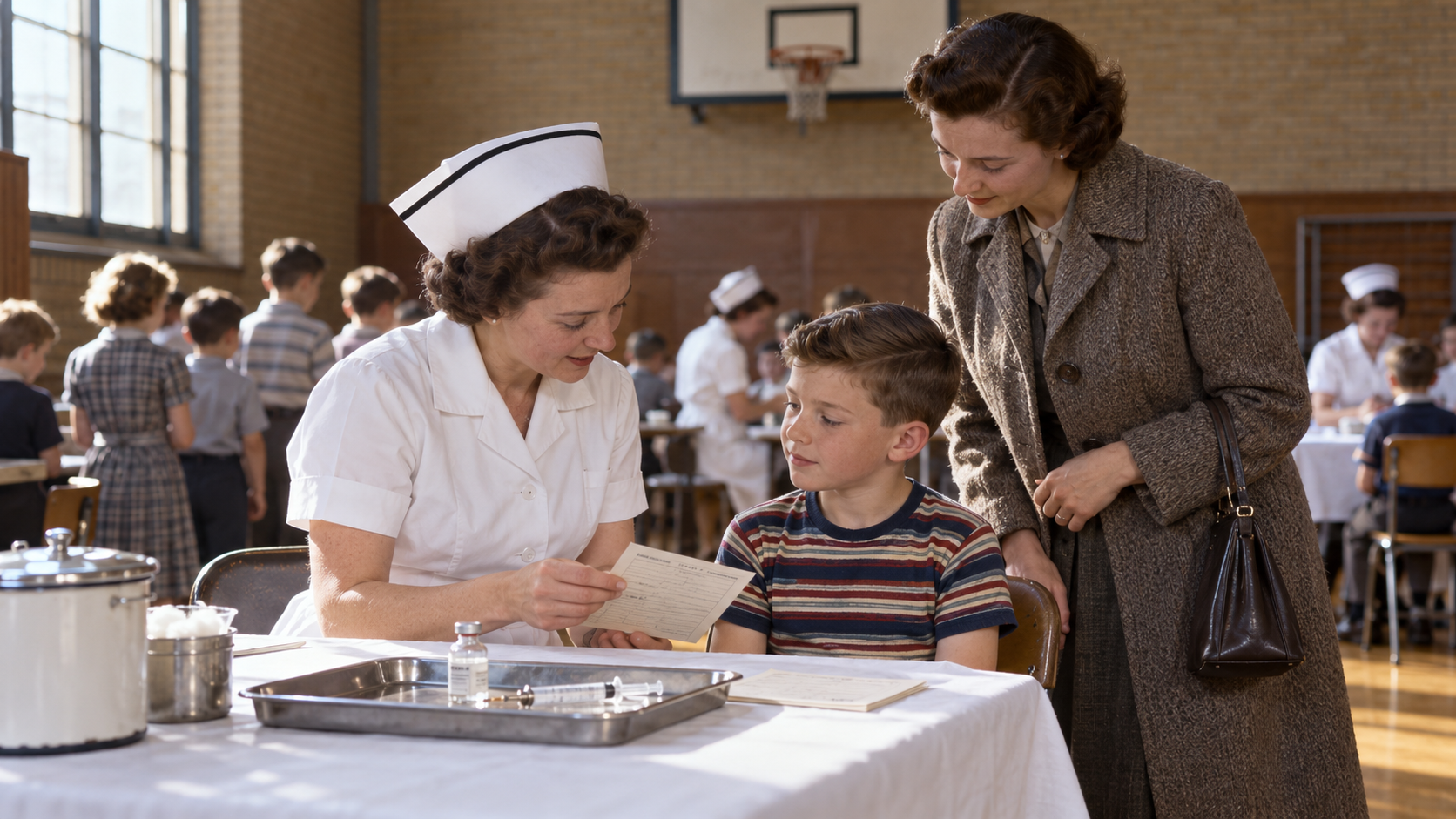 AI reconstruction of a nurse, child, and parent beside period vaccine equipment at a 1950s school clinic.