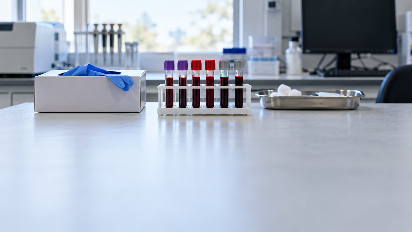 Sealed sample tubes are arranged in a rack on a clean laboratory bench.