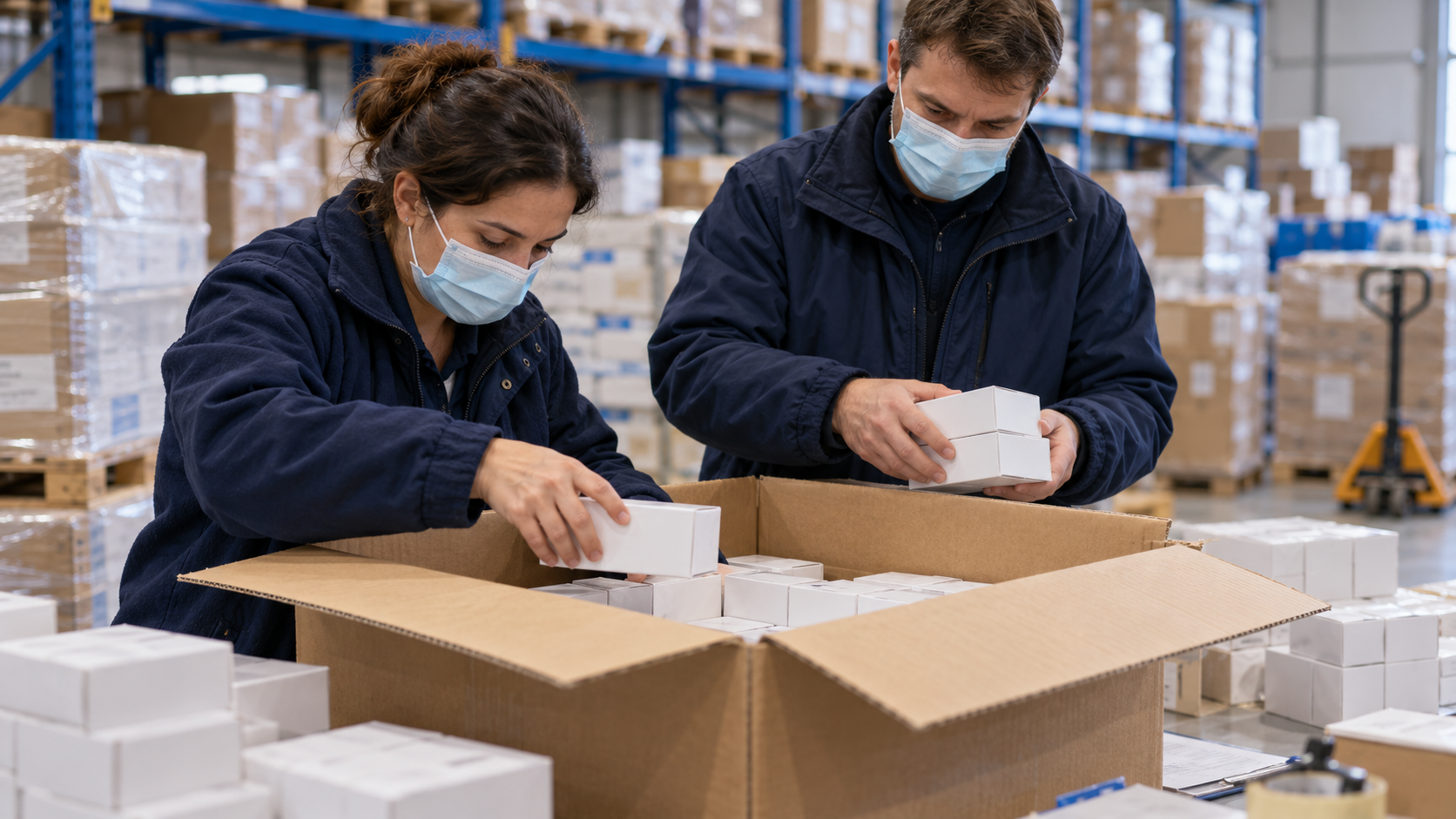 AI reconstruction of aid workers organizing medicine cartons in a warehouse for emergency health support.