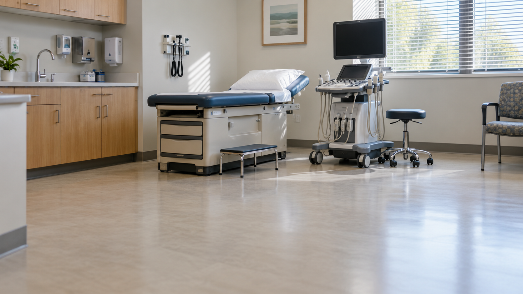 An empty consultation room contains an examination couch and ultrasound trolley.