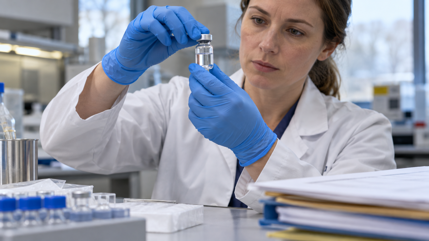 AI reconstruction of a hospital research pharmacist examining an investigational medicine vial at a preparation bench.