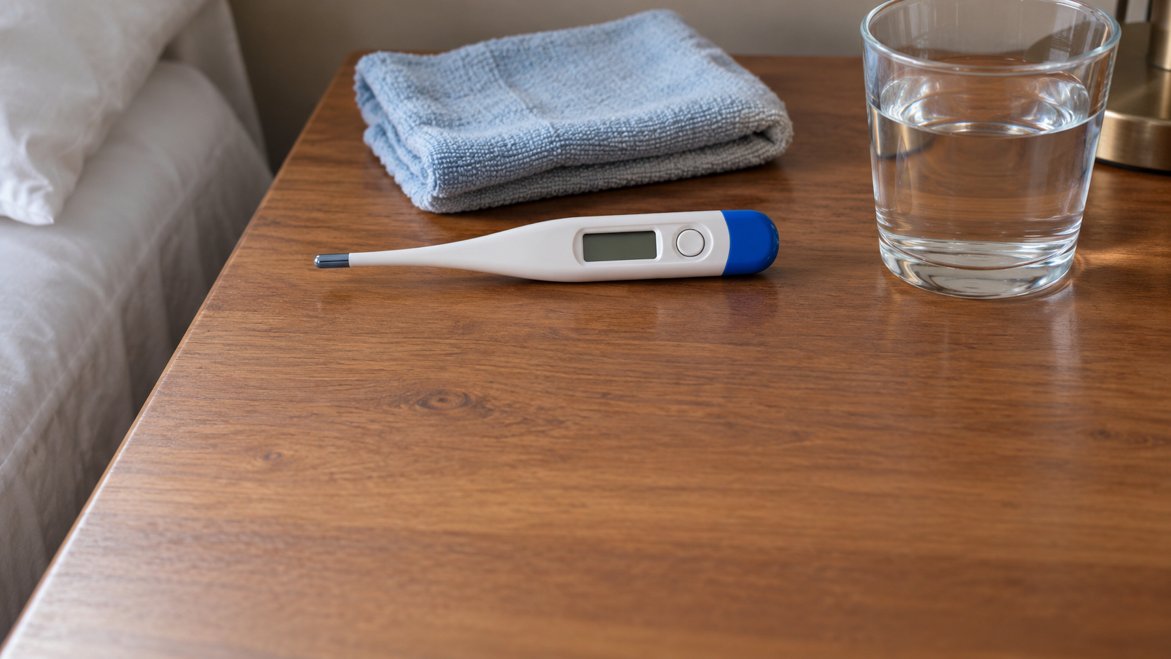 A digital probe thermometer, folded cloth and glass of water rest on a bedside table.