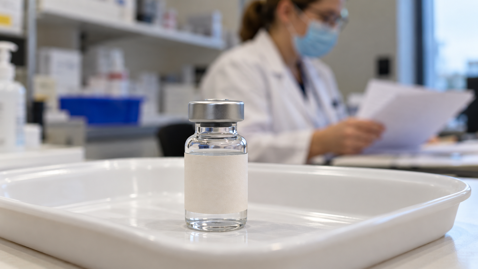 AI reconstruction of a vaccine vial on a clinical tray beside a pharmacist reviewing documents.