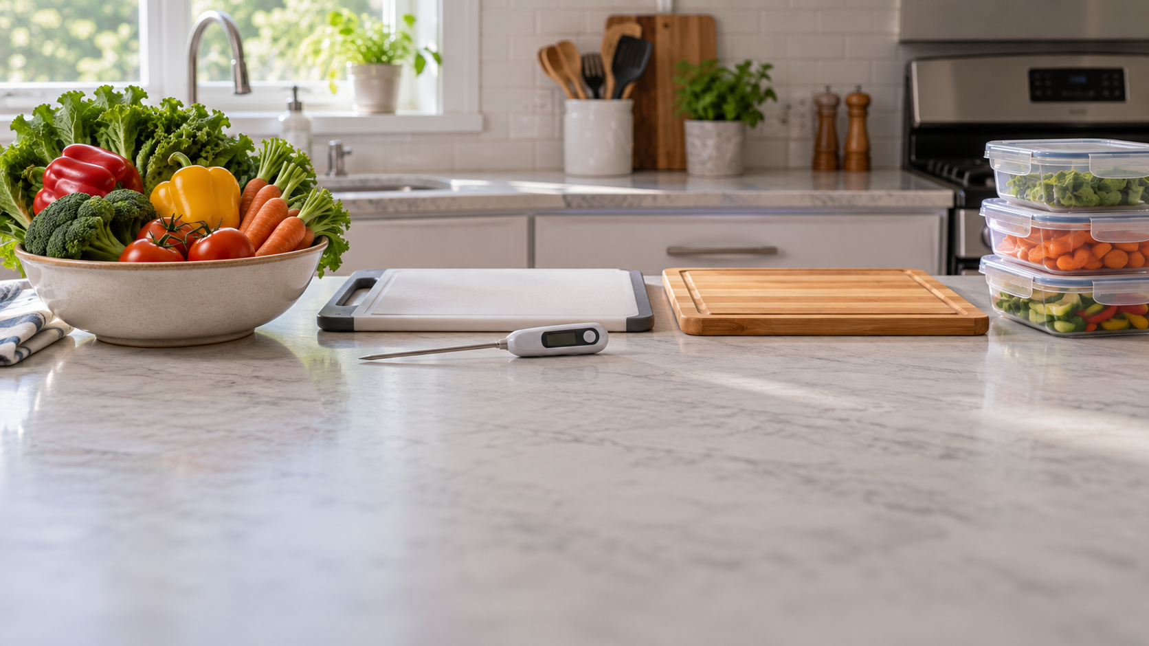 Separate cutting boards, fresh vegetables, a food thermometer and storage containers sit on a clean kitchen counter.
