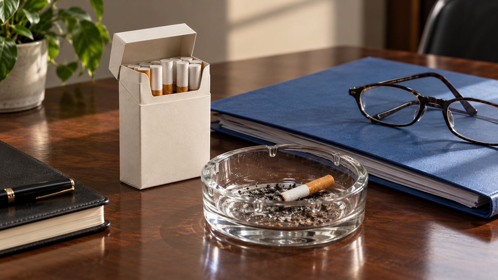 AI-generated still life of an unbranded cigarette pack and ashtray beside a policy folder.