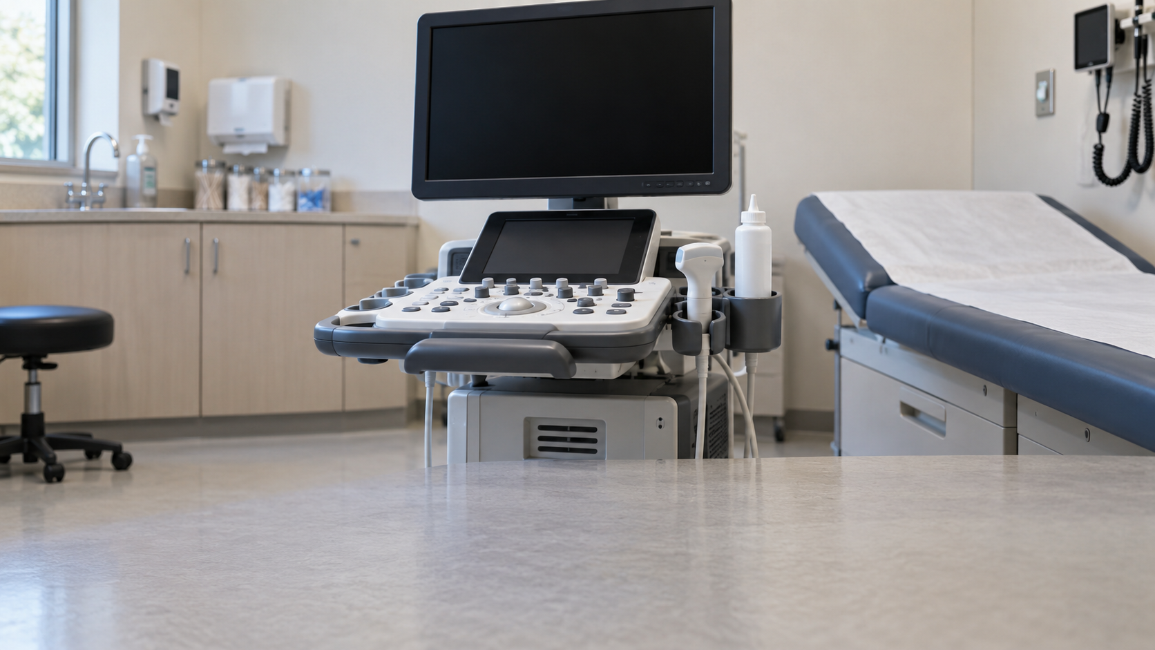 An ultrasound transducer rests in its holder beside an ultrasound machine and gel bottle.