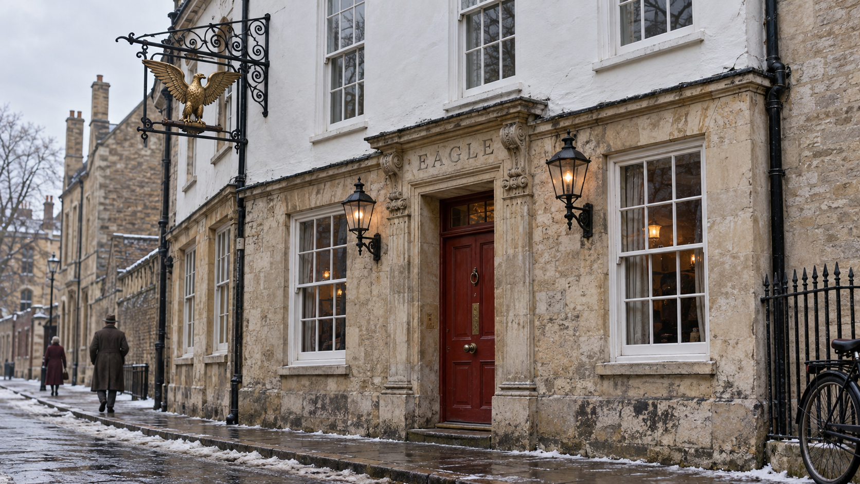 AI historical reconstruction of the Eagle pub’s pale stone facade and red doorway in Cambridge.