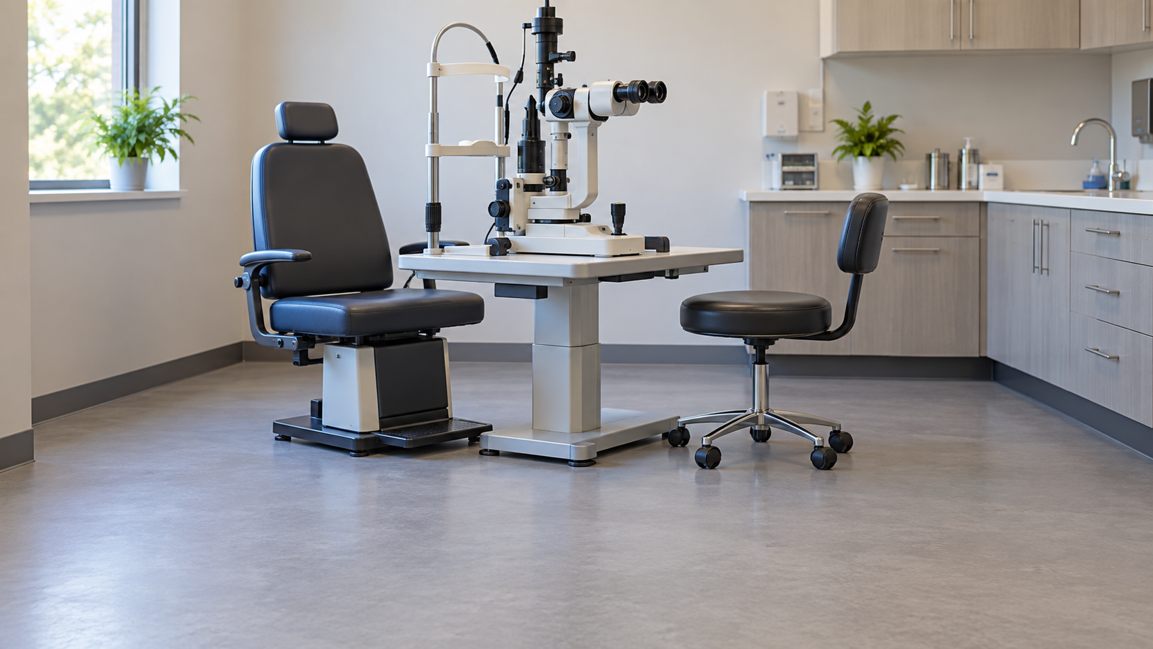 A slit-lamp examination microscope and patient chin rest stand in an empty eye clinic.
