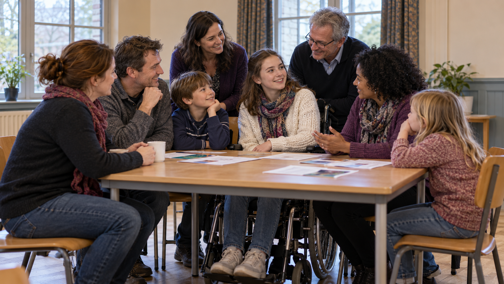 AI reconstruction of families and patient advocates meeting around a table in a community hall.