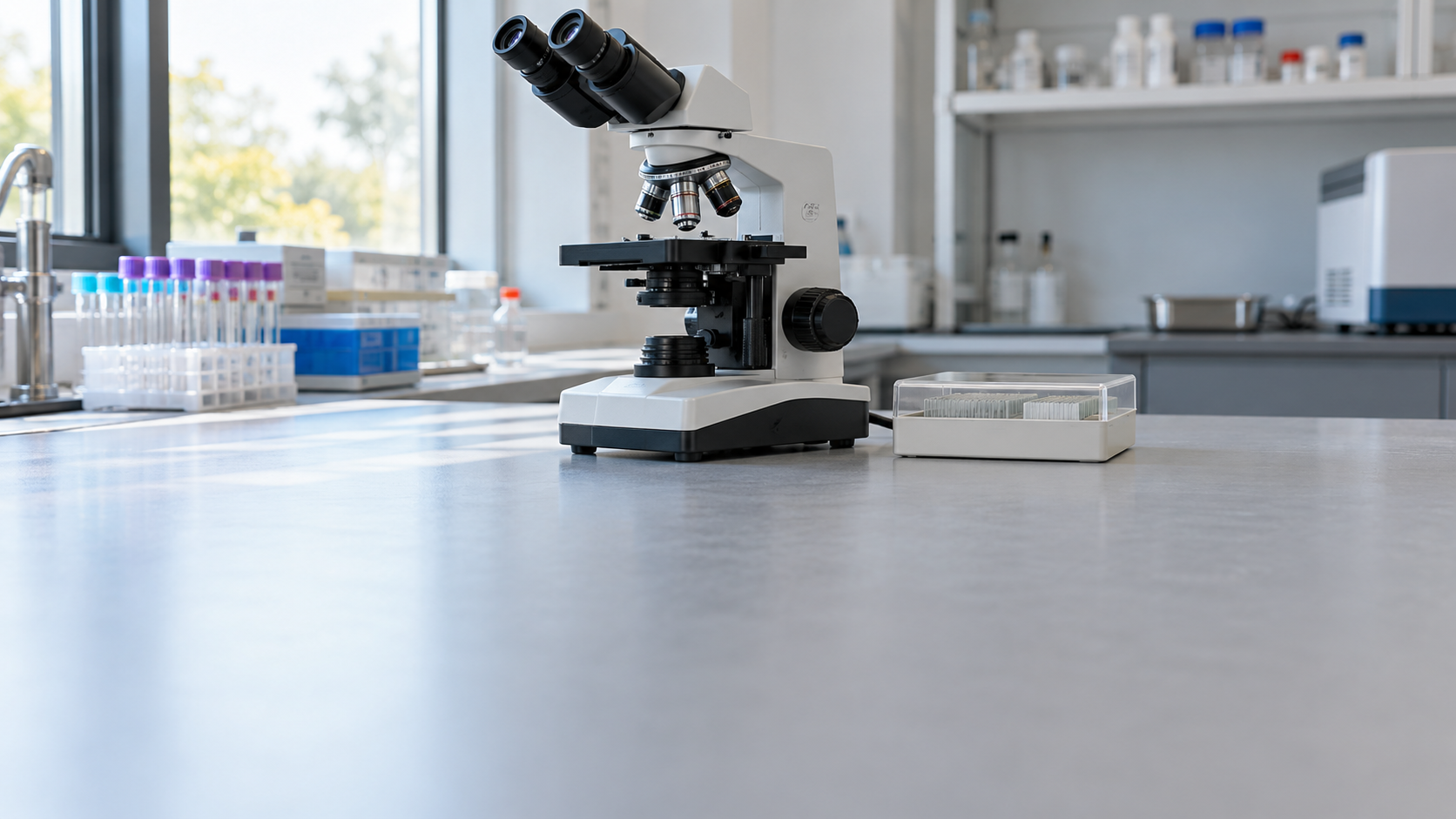 A clinical laboratory microscope stands beside a covered slide tray on a clean bench.