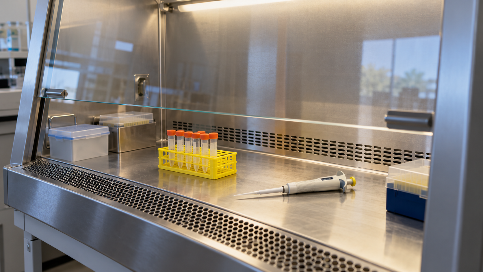 AI reconstruction of an early-2000s biosafety cabinet with sealed specimen tubes, a yellow rack and a resting micropipette.