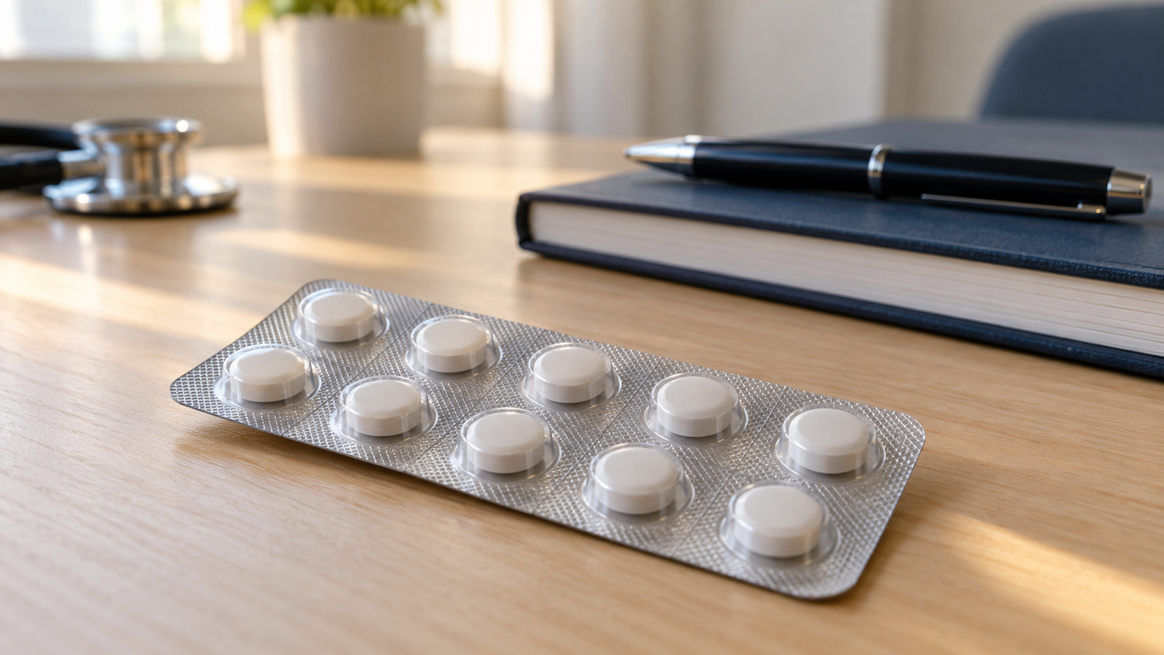 AI reconstruction of a plain silver blister strip of white tablets on a consultation desk beside a closed notebook.