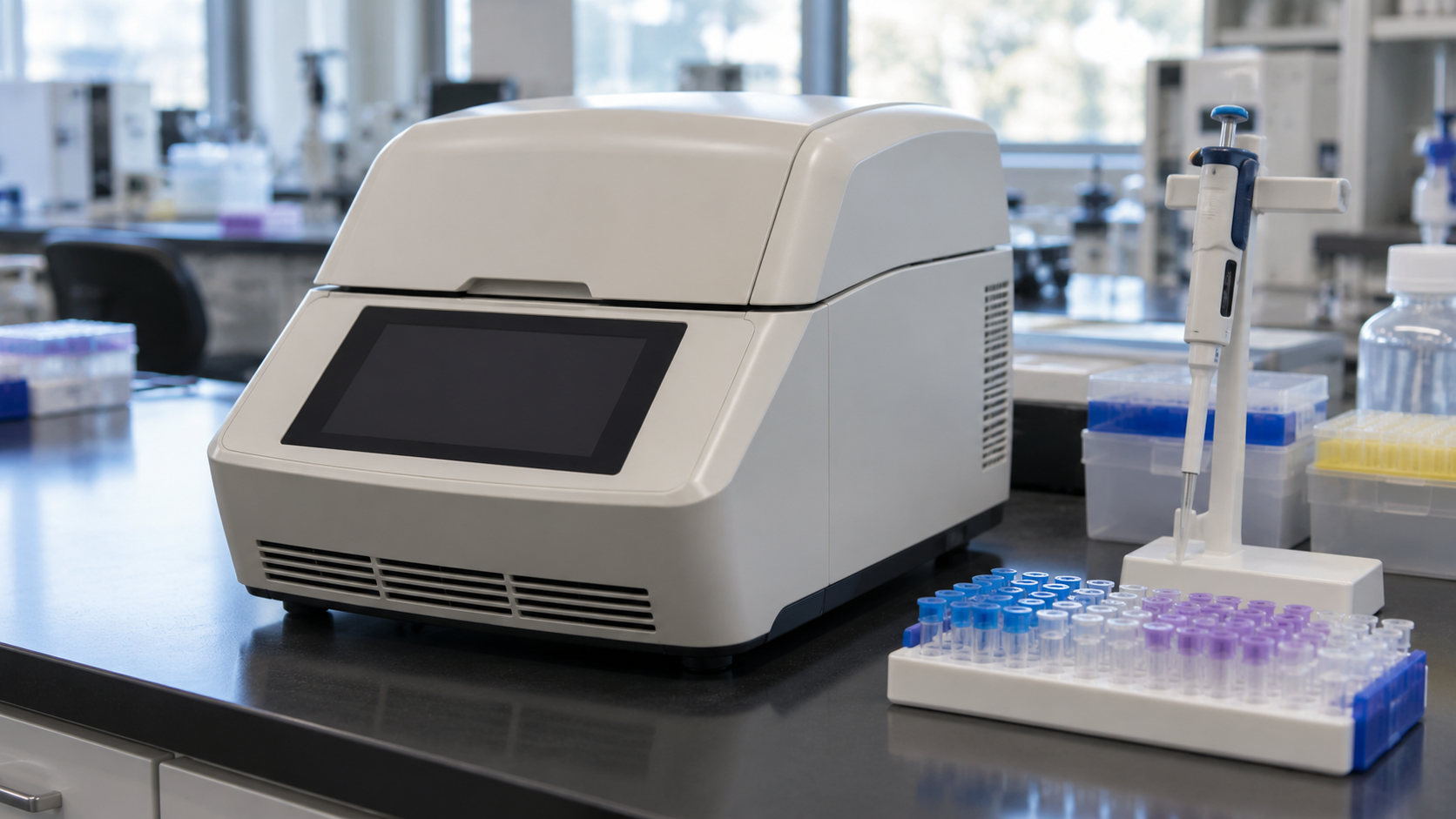 AI reconstruction of a benchtop real-time PCR instrument beside capped sample tubes and a pipette in a molecular laboratory.