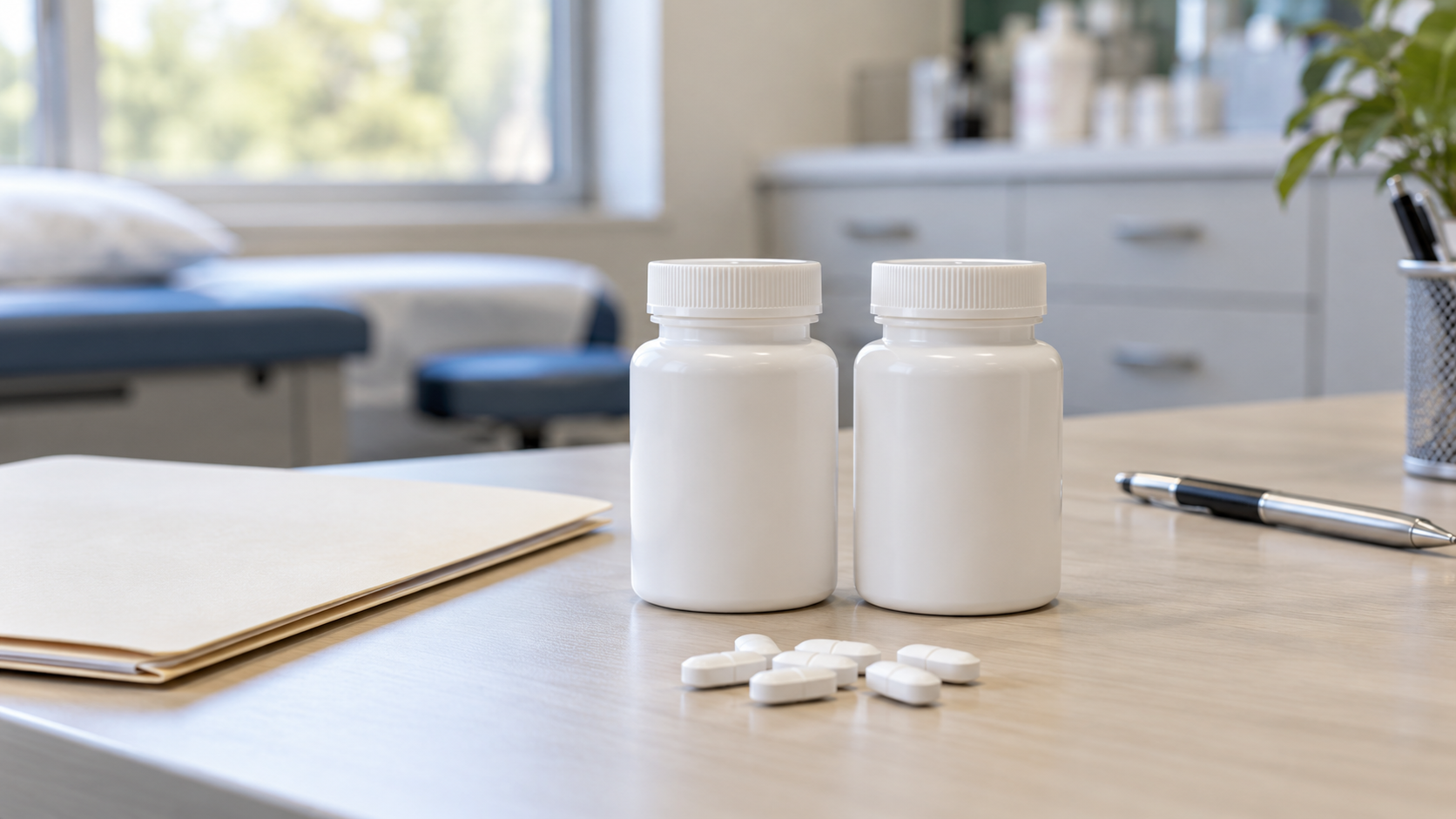 Unmarked white tablets beside two sealed medicine containers on a clinical research desk