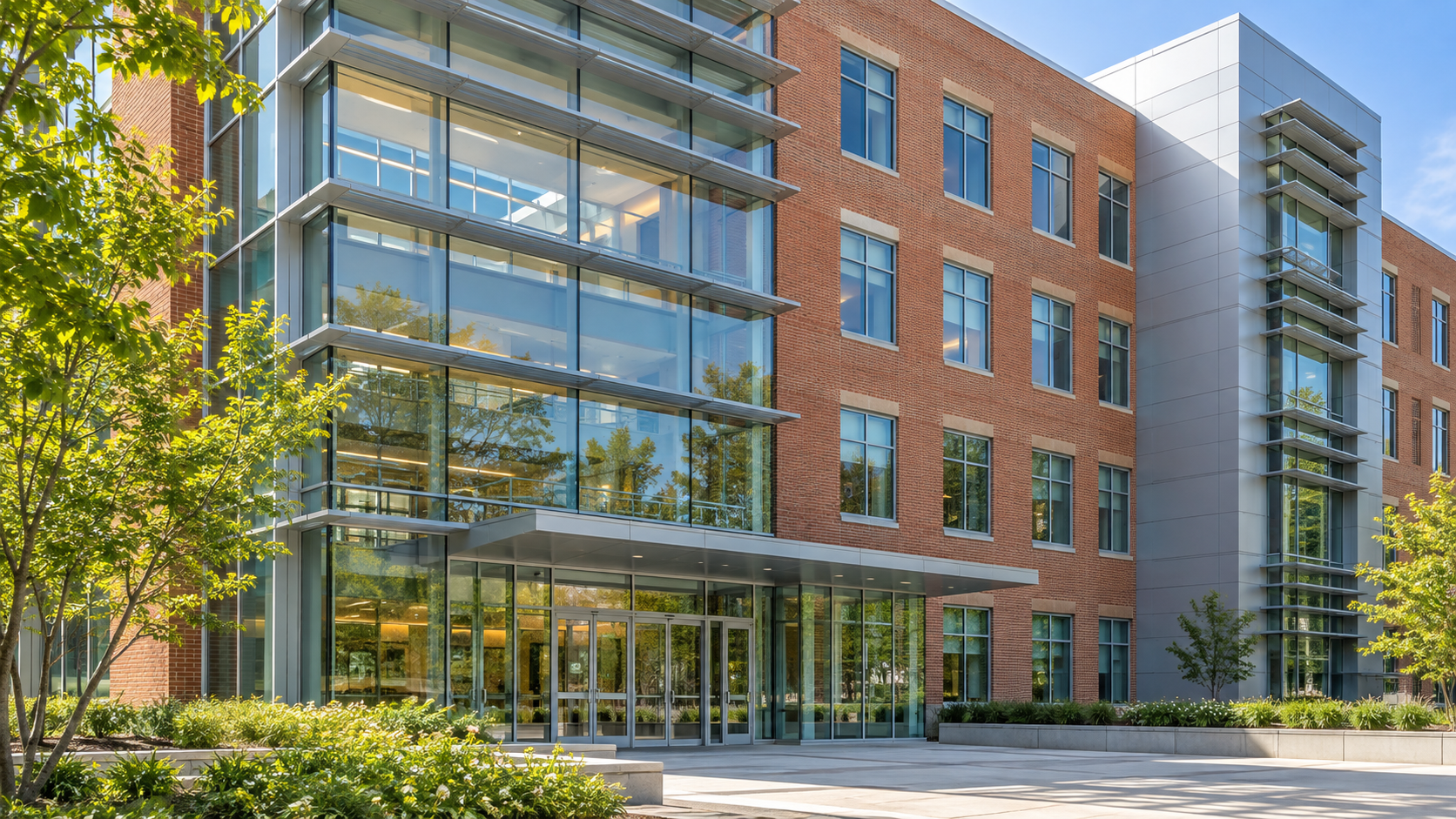 AI architectural reconstruction inspired by FDA Building 51 at White Oak, showing its glass atrium and brick facade.