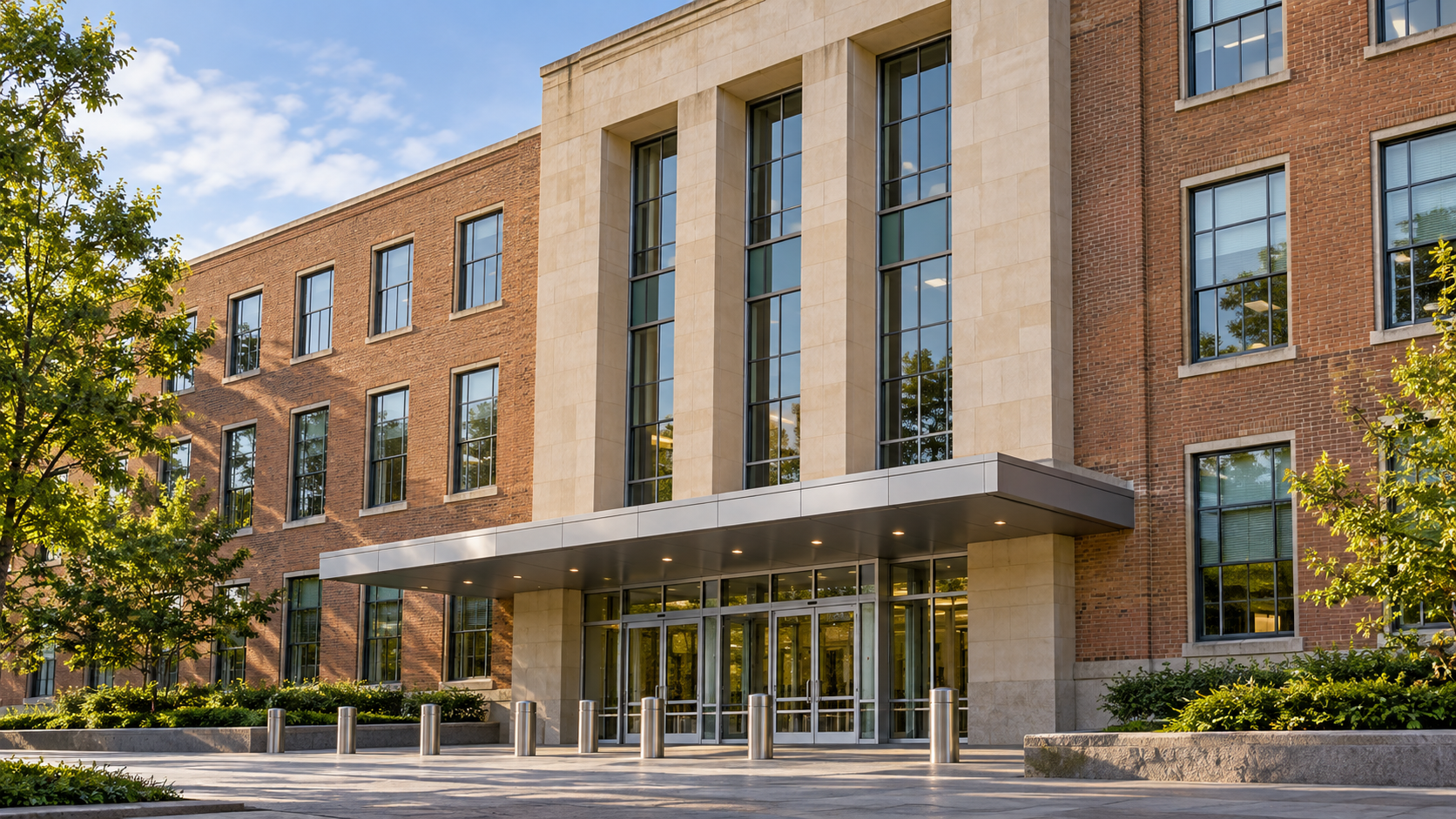 AI reconstruction of the FDA White Oak headquarters entrance, with its brick facade, stone window surround and metal canopy.
