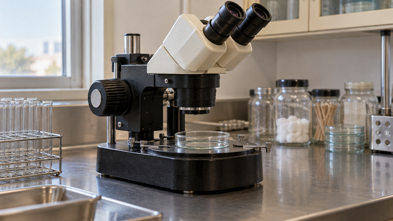 AI reconstruction of an early-1980s public-health laboratory bench with a period stereomicroscope and empty glass culture dish.